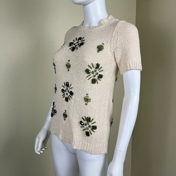 J. Crew Women's Size XXS Cream Linen Jeweled Medallion Knit Crewneck Sweater Top - Picture 6 of 13